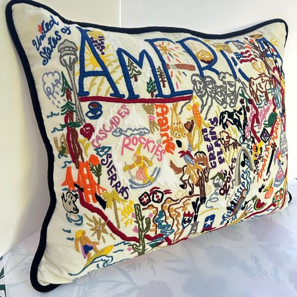 Catstudio AMERICA Embroidered Pillow 18x24 Handmade Colorful USA Decor - Picture 2 of 10